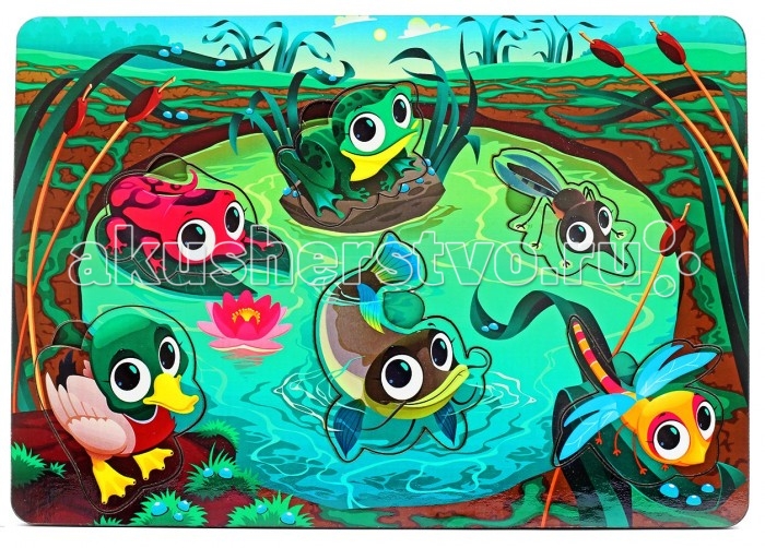 Деревянная игрушка Фабрика Мастер игрушек Рамка-вкладка ВодоёмРамка-вкладка Водоём Деревянная игрушка Фабрика Мастер игрушек Рамка-вкладка ВодоёмРамка-вкладка ВодоёмРазвивающая игрушка «Водоем» познакомит ребенка с обитателями пруда, позволит развить мелкую моторику, координацию и ориентацию на плоскости; научит основам классификации. Рамка представляет собой картинку с вырезанными частями. Чтобы получить целое изображение, необходимо правильно подобрать недостающие кусочки и вставить их. Произносите вслух названия животных на вкладышах – это позволит ребенку запомнить их и различать между собой.<br>