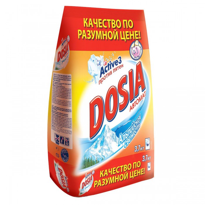 Dosia Стиральный порошок Active 3 Автомат Альпийская свежесть 3,7 кгСтиральный порошок Active 3 Автомат Альпийская свежесть 3,7 кг Dosia Стиральный порошок Active 3 Автомат Альпийская свежесть 3,7 кгСтиральный порошок Active 3 Автомат Альпийская свежесть 3,7 кгСтиральный порошок Dosia предназначен для стирки в стиральных машинах любого типа, также подходит для ручной стирки. Стиральный порошок содержит двойную систему отбеливания, благодаря которой белье после стирки становиться чистым и свежим. Эффективно отстирывает различные пятна, а специальные отбеливатели, входящие в состав стирального порошка, сохраняют белый цвет вещей. Порошок содержит компоненты, помогающие защитить стиральную машину от накипи и известкового налета. Основные характеристики: Размер упаковки: 32x27x7 см Вес в упаковке: 3770 г<br>