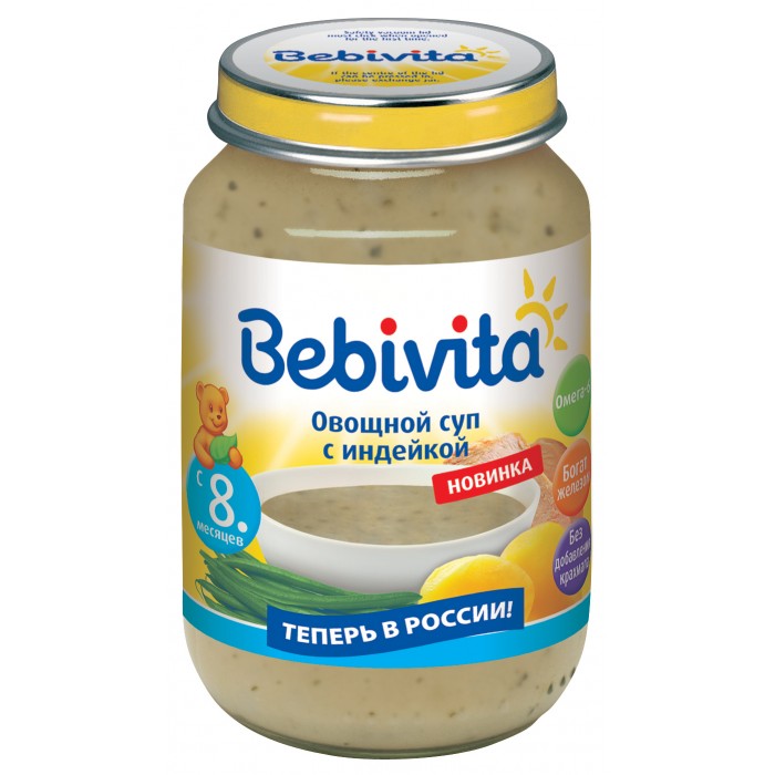 Bebivita Овощной суп с индейкой с 8 мес. 190 гОвощной суп с индейкой с 8 мес. 190 г Bebivita Овощной суп с индейкой с 8 мес. 190 гОвощной суп с индейкой с 8 мес. 190 гBebivita Овощной суп с индейкой придется по вкусу самым капризным лакомкам - ведь он не только очень аппетитный, но и удивительно полезный. Комбинация овощей и мяса - это соединение жизненно-важных микро- и макроэлементов, витаминов и минералов. Особенности: С низким содержанием соли. Кукурузное масло – источник ценных ненасыщенных жирных кислот Омега-6, которые важны для сбалансированного питания. Богат железом – важным элементом для кроветворения и умственного развития. Пюре с маленькими кусочками – для развития жевательных навыков Вашего малыша. Без глютена. Без добавления крахмала. Не содержит молочный белок. Без ароматизаторов. Без консервантов. Без красителей. Без ГМО. Приготовлено с заботой – из лучших ингредиентов, которые может дать природа. Состав: вода, картофель, фасоль стручковая, мясо индейки, мука рисовая, масло кукурузное, лук, соль йодированная, тмин молотый, железа (III) пирофосфат.<br>