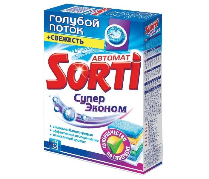 Sorti Стиральный порошок Супер эконом гролубой поток + Свежесть Автомат 350 гСтиральный порошок Супер эконом гролубой поток + Свежесть Автомат 350 г Sorti Стиральный порошок Супер эконом гролубой поток + Свежесть Автомат 350 гСтиральный порошок Супер эконом гролубой поток + Свежесть Автомат 350 гСтиральный порошок для стирки в автоматических стиральных машинах с пониженным пенообразованием для белого и цветного белья. Экономит Ваши средства. Придает изысканный парфюмированный аромат. Формула «Голубой поток» качественно отстирывает и бережно относится к Вашей любимой одежде. Поток активных голубых гранул проникает вглубь ткани и предотвращает пожелтение и посерение Вашего белья, при этом разглаживает волокна, удаляя катышки. Глубокая и бережная стирка дают возможность по-новому взглянуть на Ваши вещи!<br>