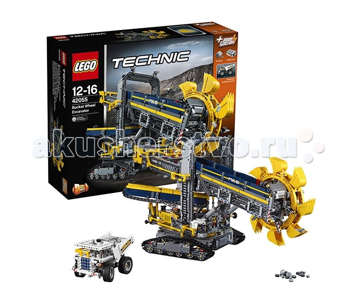 Конструктор Lego Technic 42055 Лего Техник Роторный экскаваторTechnic 42055 Лего Техник Роторный экскаватор Конструктор Lego Technic 42055 Лего Техник Роторный экскаваторTechnic 42055 Лего Техник Роторный экскаваторLego Technic 42055 Лего Техник Роторный экскаватор 3927 детали После сборки мы получим огромный роторный экскаватор и карьерный самосвал, который на фоне экскаватора не выглядит таким уж большим. Платформа с гусеничным ходом позволяет технике перемещаться по любому типу грунта, пусть и с не очень высокой скоростью. Основная задача такой техники — разработка грунтовых пород с помощью ковшей, закрепленных на большом колесе. После добычи они попадают на специальную ленту, которая доставляет их в кузов самосвала. Кабина и стрела с рабочим механизмом роторного экскаватора установлена на поворотном столе, который вращается на 360 градусов. Справой стороны видна кабина с элементами управления техникой. Рабочий механизм с ротором может подниматься и опускаться. В модели используются детали серого, желтого, белого и синего цвета, что делает его ярким и необычным. Карьерный самосвал собирается из белых деталей. За функциональную часть в модели отвечают детали Power Functions — двигатель размера XL и батарейный блок. Количество деталей: 3927 Возраст: 12-16 лет<br>