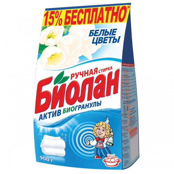 Biolane Стиральный порошок Белые цветы Ручная стирка 900 гСтиральный порошок Белые цветы Ручная стирка 900 г Biolane Стиральный порошок Белые цветы Ручная стирка 900 гСтиральный порошок Белые цветы Ручная стирка 900 гСтиральный порошок Биолан Белые цветы предназначен для стирки, замачивания и отбеливания изделий из хлопчатобумажных, льняных, синтетических тканей, а также тканей из смешанных волокон. Не предназначен для стирки изделий из шерсти и натурального шелка. Эффективно отстирывает загрязнения, придает вашему белью ослепительную белизну и нежный цветочный аромат. Подходит для стиральных машин активаторного типа и ручной стирки. Основные характеристики: Размер упаковки: 25x14x9 см Вес в упаковке: 980 г<br>