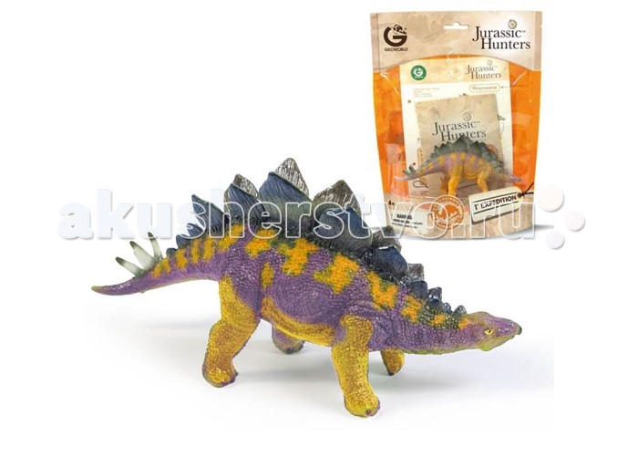 Geoworld Фигурка динозавра Jurassic Hunters - СтегозаврФигурка динозавра Jurassic Hunters - Стегозавр Geoworld Фигурка динозавра Jurassic Hunters - СтегозаврФигурка динозавра Jurassic Hunters - СтегозаврСтегозавры населяли нашу планету в незапамятные времена, более 155-145 млн. лет назад. Этих динозавров легко идентифицировать по особенному спинному гребню, которой по своей форме напоминает вертикально стоящие лепестки. Еще больше интересных фактов о стегозавре ребенок сможет узнать из буклета, который идет в комплекте с фигуркой. А сама фигурка максимально точно сможет дать ответ на вопрос, как выглядели стегозавры. Компания Geoworld тщательнейшим образом следит за достоверностью выпускаемых моделей динозавров. Фигурка раскрашена вручную, могут быть незначительные отличия в вариации раскраски. Комплект: Фигурка динозавра; Страница с научной информацией о динозавре; Мини-буклет с указанием полной коллекции Jurassic Hunters (Охотников за Динозаврами). Основные характеристики: Размер упаковки: 34 х 21 х 8 см Длина самой игрушки: 15 см<br>