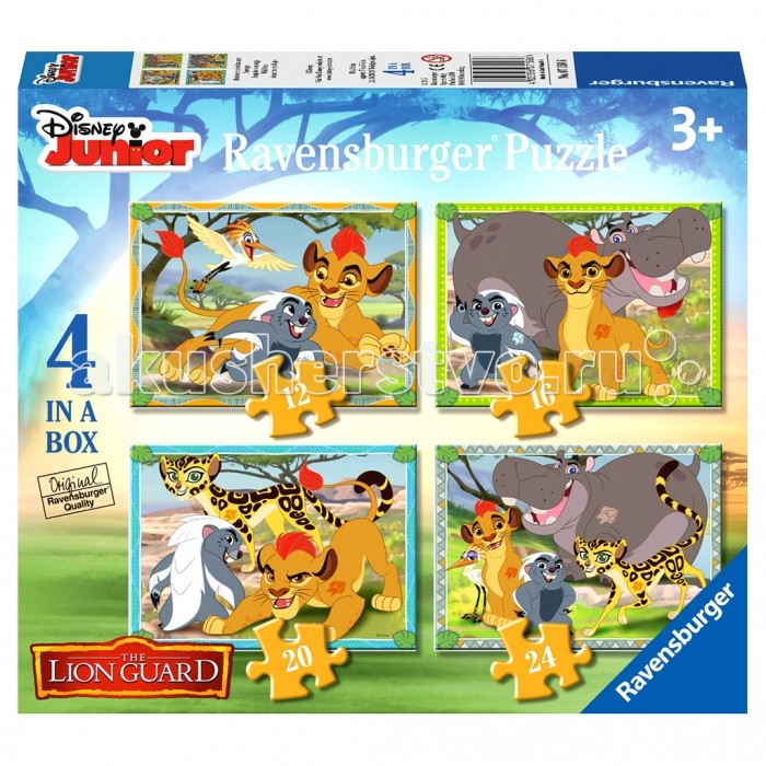 Ravensburger Пазл 4 в 1 Хранитель ЛевПазл 4 в 1 Хранитель Лев Ravensburger Пазл 4 в 1 Хранитель ЛевПазл 4 в 1 Хранитель ЛевRavensburger Пазл 4 в 1 Хранитель Лев 07158WD Набор пазлов 4 в 1 Хранитель Лев состоит из 72 элементов. Каждая картинка отличается от другой уровнем сложности и количеством деталей: 12, 16, 20, 24 элементов. На красочных картинках изображены мультяшные герои американского мультсериала The Lion Giard, который основан на известном мультфильме Король Лев. Цветные элементы пазла изготовлены из плотного картона и хорошо соединяются друг с другом, образуя ровное полотно. Благодаря качеству деталей набором можно пользоваться много раз. Сборка пазлов помогает развить у детей координацию движений, внимательность, усидчивость, терпеливость, образное мышление, а также восприятие формы и цвета.<br>