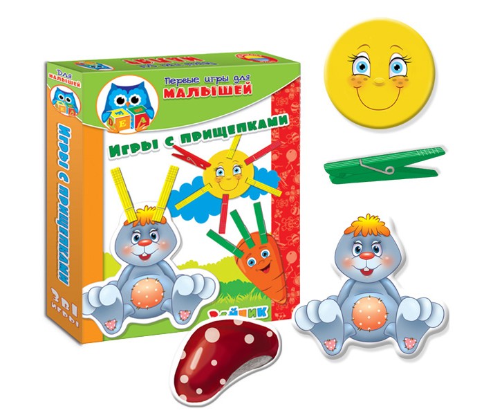 Развивающая игрушка Vladi toys НИ Прищепочки ЗайкаНИ Прищепочки Зайка Развивающая игрушка Vladi toys НИ Прищепочки ЗайкаНИ Прищепочки ЗайкаVladi Toys НИ Прищепочки Зайка оригинальный способ занять непоседливого малыша. Ребенку предлагается дополнить фигурные картинки недостающими элементами в виде разноцветных прищепок. Такой набор станет хорошим помощником родителям в развитии детей. Игры развивают определенные навыки и умения, которыми должны владеть дети этого возраста.<br>