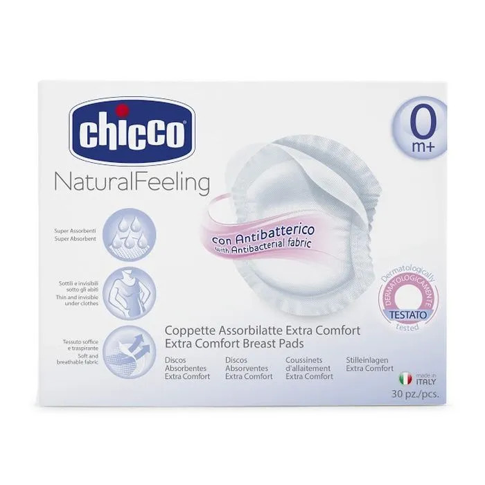 Chicco Прокладки для груди 30 шт.Прокладки для груди 30 шт. Chicco Прокладки для груди 30 шт.Прокладки для груди 30 шт.Chicco Прокладки для груди во время кормления грудью, особенно в начале, в самый деликатный период возникают раздражения груди, которые приносят немало беспокойств, делают кормление грудью тяжелым и болезненным процессом и требуют особого ухода и гигиены. Антибактериальные прокладки для защиты груди обеспечивают максимум безопасности в этот период. Специальный антибактериальный материал предотвращает размножение бактерий в чашке, обеспечивая необходимый механический барьер для защиты груди. Характеристики: Ультратонкие, отлично впитывают молоко за счет двойного абсорбирующего слоя, предотвращают протекание Высококачественная и мягкая ткань гарантирует деликатный контакт с кожей, обеспечивает постоянную циркуляцию воздуха, что благоприятно влияет на кожу груди и сосков Клейкие полоски позволяют фиксировать прокладки к бюстгальтеру Каждая прокладка упакована в индивидуальный конверт Упаковка 30 шт<br>