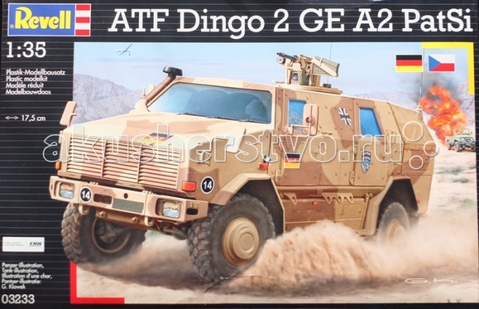 Конструктор Revell Бронеавтомобиль Dingo 2A2Бронеавтомобиль Dingo 2A2 Конструктор Revell Бронеавтомобиль Dingo 2A2Бронеавтомобиль Dingo 2A2Модель современного немецкого бронеавтомобиля Dingo 2A2. Разработанный инженерами компании Krauss-Maffei Wegmann Dingo 2 был принят на вооружение Бундесвера в 2003 году. По оценке экспертов на данный момент броневик занимает лидирующие позиции по показателям защиты среди машин своего класса. Dingo 2A стоит на вооружении в армиях шести стран. Всего было выпущено около 800 экземпляров. Модификация Dingo 2A2 является патрульной версией броневика. Внимание! Клей и краски в комплект не входят. Основные характеристики: Длина модели: 174 мм Масштаб: 1:35 Количество деталей: 150 шт.<br>