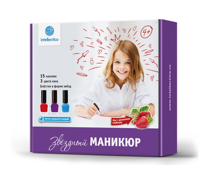 Intellectico Малый набор Звездный маникюрМалый набор Звездный маникюр Intellectico Малый набор Звездный маникюрМалый набор Звездный маникюрIntellectico Малый набор Звездный маникюр девочка сможет создать эффектный образ. В отличие от косметических продуктов для взрослых, детские лаки Intellectico абсолютно безопасны для ребенка и смываются водой. В наборе: безопасный водосмываемый лак (3 цвета), пилочка для создания формы ногтей, наклейки для украшения ногтей, блестки-звездочки для украшения ногтей, мешочек для хранения, инструкция.<br>