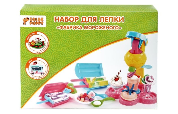 Color Puppy Набор для лепки Фабрика мороженого 631025Набор для лепки Фабрика мороженого 631025 Color Puppy Набор для лепки Фабрика мороженого 631025Набор для лепки Фабрика мороженого 631025Color Puppy Набор для лепки Фабрика мороженого,тесто 250 г,аксессуары. Кусочек теста нужно положить в аппарат и нажать на рукоятку. Используя разные насадки, получишь новые формы. Так можно делать мороженое различных цветов и форм. Тесто для лепки имеет в составе пищевые ингредиенты: муку, соль, воду, пищевые красители. Безопасное для детей. Не прилипает к рукам, одежде, поверхностям. Очень мягкое и пластичное. Без ароматизаторов. Подходит для начинающих маленьких скульпторов. Занятие лепкой способствует воспитанию усидчивости, развивает пространственное мышление, фантазию и мелкую моторику рук. Комплектность: тесто 5 цветов по 50 г аппарат для мороженого с 5 насадками - 1 шт. формы для мороженого - 2 шт. аксессуары - 11 шт.<br>