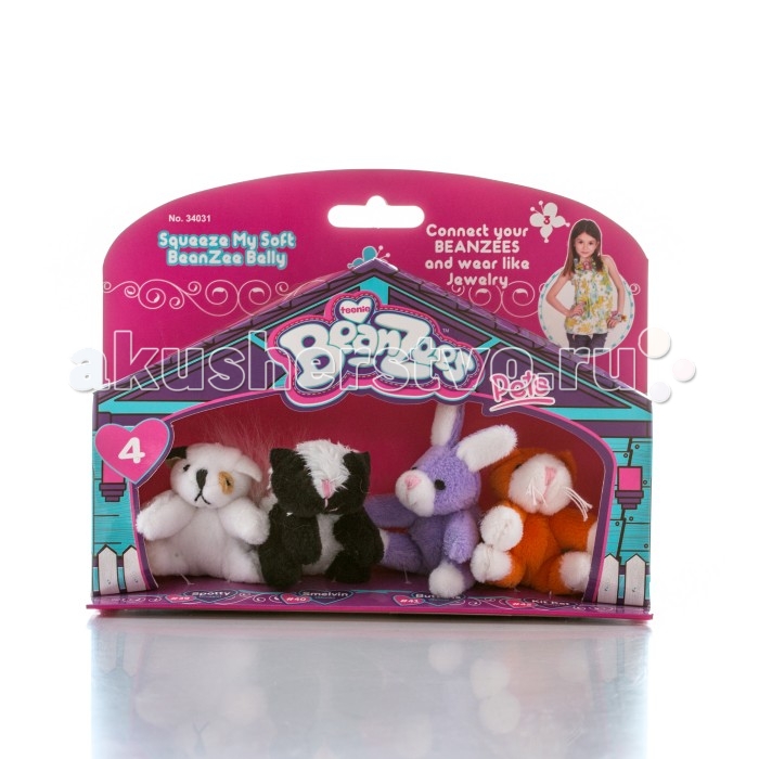 Beanzeez Игровой набор Песик, Скунс, Кролик, КотикИгровой набор Песик, Скунс, Кролик, Котик Beanzeez Игровой набор Песик, Скунс, Кролик, КотикИгровой набор Песик, Скунс, Кролик, КотикBeanzeez Игровой набор Песик, Скунс, Кролик, Котик, включающий четыре миниатюрные мягкие игрушки в красочной упаковке в виде домика. Особенности: Симпатичные крошечные плюшевые зверюшки Beanzees – это игрушки «три в одном». Их приятно держать в руках, увлекательно коллекционировать, а кроме того – их можно соединять между собой с помощью липучек и носить как оригинальное украшение на шею или на руку. По легенде эти крошечные животные обитают все вместе в волшебном лесу под названием Бинзилэнд, в котором всегда ярко светит солнышко и цветут растения. Размер игрушки не превышает 5 см, они выполнены из мягкого гипоаллергенного материала, набивка – синтетическое волокно, в том числе специальные пластмассовые гранулы, делающие эту игрушку замечательным антистрессом. На лапках зверюшек располагаются маленькие текстильные липучки, с помощью которых игрушки можно соединять друг с другом. В линейке игрушек Бинзис более 20 разных персонажей! Вы можете собрать их все!<br>