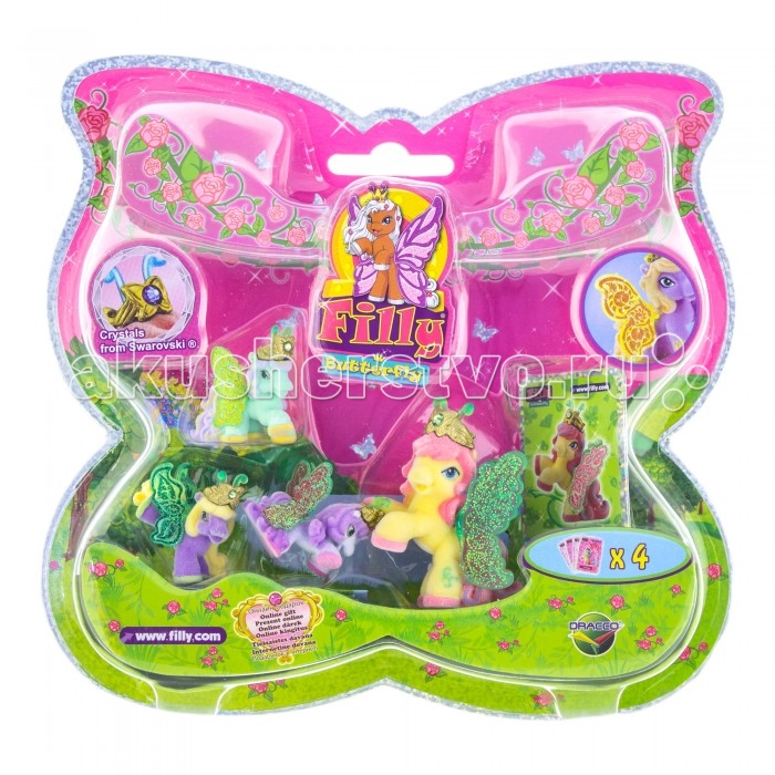 Filly Набор игровой Лошадки-бабочки с блестящими крыльями LotusНабор игровой Лошадки-бабочки с блестящими крыльями Lotus Filly Набор игровой Лошадки-бабочки с блестящими крыльями LotusНабор игровой Лошадки-бабочки с блестящими крыльями LotusНабор игровой Filly Лошадки-бабочки с блестящими крыльями Lotus Набор игровой Filly Лошадки-бабочки с блестящими крыльями просто восхитителен. В него входят четыре маленькие лошадки с яркими блестящими крылышками. У каждой лошадки на голове надета золотистая корона, украшенная драгоценным камнем. Лошадка Bed со своими подругами, благодаря своим компактным размерам, сможет составить компанию девочки на любой прогулке. Собери всю коллекцию лошадок-бабочек и играй в них вместе со своими подругами! В комплект набора входит: 4 лошадки, 4 карточки каждого персонажа, а также брошюрка с описанием других героев этой серии. Набор продается в красочной блистерной упаковке формы бабочки, окантованной по краю блестящей полоской. Рекомендуемый возраст: от 3 лет.<br>