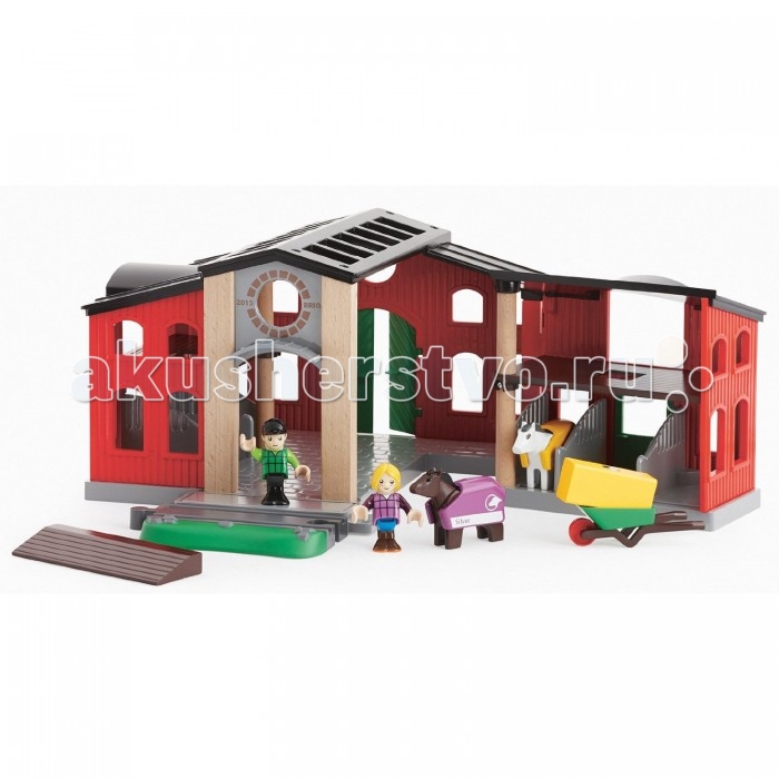 Brio Игровой набор Horse stable с открывающейся конюшней 12 элементовИгровой набор Horse stable с открывающейся конюшней 12 элементов Brio Игровой набор Horse stable с открывающейся конюшней 12 элементовИгровой набор Horse stable с открывающейся конюшней 12 элементовИгровой набор Horse stable состоит из 12 элементов: фигурки человечков и животных, большая конюшня и дополнительные аксессуары для работы с лошадьми и ухода за ними. Каждая фигурка человечка совместима с фигуркой лошади. В самой конюшне есть 2 этажа, на первом - стойло для лошадей, второй этаж еще необходимо достроить. Он выглядит как большой склад. К воротам конюшни подходят железнодорожные пути. В комплекте набора представлены элементы ж/д полотна, они подходят к деревянным дорогам Brio (приобретаются отдельно). В комплекте: 2 фигурки людей; 2 фигурки лошадок; Конюшня; Аксессуары (всего 12 элементов). Основные характеристики: Размеры: 34.3 x 26.7 x 16.5 см<br>
