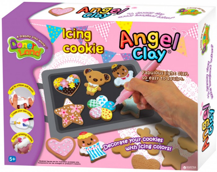 Angel Clay Игровой набор массы для лепки Icing CookiesИгровой набор массы для лепки Icing Cookies Angel Clay Игровой набор массы для лепки Icing CookiesИгровой набор массы для лепки Icing CookiesAngel Clay Игровой набор массы для лепки Icing Cookies AA13091 Набор для лепки из глины Ледяное печенье от бренда Donerland состоит из всех нужных материалов. Ребенок проявит свою фантазию и создаст очень красивое печенье из глины, и украсит его при помощи глазури для декорирования. Придать глине форму можно при помощи формочек. Для того, чтобы запечь в духовке, надо выложить готовые поделки на бумагу для запекания и свериться с инструкцией, в которой указано при какой температуре надо запекать поделки. Когда глиняное печенье будет готово, то им можно украсить интерьер дома или подарить родным. Комплект: глина, 8 формочек, 5 тюбиков глазури для декорирования, бумага для выпечки, инструменты для лепки.<br>