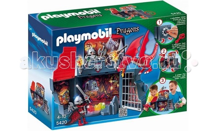 Конструктор Playmobil Возьми с собой ДраконыВозьми с собой Драконы Конструктор Playmobil Возьми с собой ДраконыВозьми с собой ДраконыВозьми с собой дракона - это складной вариант замка дракона. Удобство такого набора состоит в том, что его легко собрать, разобрать и можно повсюду брать с собой. В наборе ты найдешь двух отважных рыцарей, одного огнедышашего дракона, а также всевозможное оружие. Что там спрятано в пещере дракона? Это же несметные сокровища, скорей добудь их. Но для начала тебе придется сразиться с огромным и безжалостным драконом. Все аксессуары и фигурки удобно помещаются в закрытый замок, который закрывается на ключ. Ты можешь быть уверенным, что во время поездки игрушки не потеряются.<br>