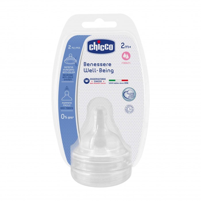 Соска Chicco силикон средний поток 2м+ (2 шт.)силикон средний поток 2м+ (2 шт.) Соска Chicco силикон средний поток 2м+ (2 шт.)силикон средний поток 2м+ (2 шт.)Физиологическая соска с противоикотным клапаном идентична материнскому соску, мягкая и эластичная. Специальные рельефные кольца соски в точности передают ощущение шероховатости материнского соска, обеспечивая ребенку полное ощущение кормления материнской грудью.<br>