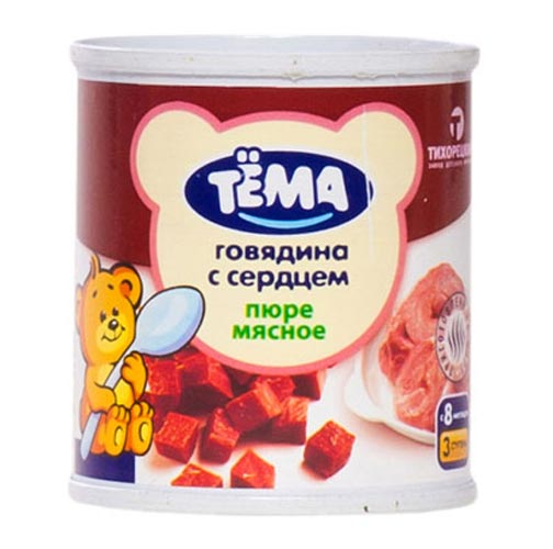 Тёма Пюре Говядина с сердцем с 8 мес., 100 гПюре Говядина с сердцем с 8 мес., 100 г Тёма Пюре Говядина с сердцем с 8 мес., 100 гПюре Говядина с сердцем с 8 мес., 100 гТёма Говядина с сердцем 8 мес., 100 г Мясные пюре являются основным источником животных белков для малыша, потребность в которых с возрастом увеличивается. Белок необходим для построения новых клеток и тканей, он участвует в синтезе антител, защищающих ребенка от микроорганизмов и вирусов. Белок способствует повышению уровня гемоглобина в крови, так как необходим для его синтеза. Также в мясе содержатся витамины группы В, кальций, калий и фосфор. Продукция мясокомбината Тихорецкий соответствует Национальному стандарту и отличается высоким уровнем содержания биологически полноценного животного белка. Состав: говядина сердце крахмал картофельный экстракт петрушки вода. Прием пюре необходимо начать с 1/4 чайной ложки мясного пюре, смешанного с тем блюдом, к которому малыш уже привык. Потом за 7-10 дней это количество постоянно увеличивают до 30 г в сутки. С 8 месяцев можно давать по 50 г, а с девяти - по 60-70 г мяса в сутки. Перед употреблением пюре разогреть. Срок хранения: 2 года Хранить при температуре от 3 до 25°С После вскрытия банку хранить в холодильнике не более суток. Без добавления консервантов, красителей и искусственных добавок.<br>