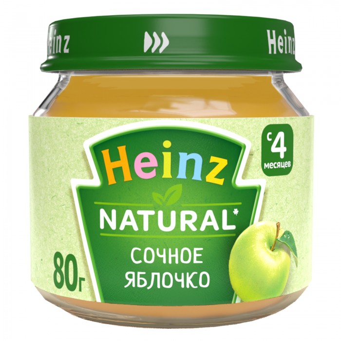 Heinz Пюре Сочное яблочко с 4 мес., 80 гПюре Сочное яблочко с 4 мес., 80 г Heinz Пюре Сочное яблочко с 4 мес., 80 гПюре Сочное яблочко с 4 мес., 80 гHeinz Пюре Сочное яблочко 4 мес., 80 г Яблоко — кладовая витаминов и минералов, стимулирует выработку пищеварительных элементов и повышает аппетит. Пюре дополнительно обогащено витамином С, который помогает организму всасывать необходимое количество железа. Органические кислоты (аскорбиновая и фолиевая кислоты), способствующие усвоению железа. Природные углеводы стимулируют выработку пищеварительных ферментов и повышают аппетит, укрепляющим иммунную систему. Пюре изготовлено из зеленых сортов яблок, менее аллергенных, чем красные и желтые плоды, поэтому рекомендуется в качестве первого прикорма. Продукт рекомендован для детей старше 4 месяцев. Введение нового блюда начинайте с 1 чайной ложки, постепенно доводя порцию до возрастной нормы. Нужное количество подогреть, не добавляя сахара. Не разогревать повторно. Состав: яблочное пюре (100%) сок яблочный концентрированный сок лимонный концентрированный витамин С. Без добавления консервантов, красителей и искусственных добавок. Не содержит сахар и крахмал, ГМО.<br>