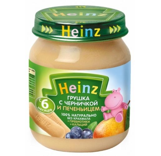 Heinz Пюре Грушка и черничка с печеньицем с 6 мес., 120 гПюре Грушка и черничка с печеньицем с 6 мес., 120 г Heinz Пюре Грушка и черничка с печеньицем с 6 мес., 120 гПюре Грушка и черничка с печеньицем с 6 мес., 120 гHeinz Пюре Грушка и черничка с печеньицем 6 мес., 120 г Черника — одна из самых полезных ягод для ребенка. Она содержит витамин С, углеводы, пищевые волокна, натрий, калий, кальций, фосфор, магний. Она богата дубильными веществами, поэтому ее рекомендуют использовать при диарее и других проблемах с желудочно-кишечным трактом. В чернике много железа, и усваивается оно легче, чем из лекарственных препаратов. Груша богата органическими кислотами, повышающими выделение пищеварительных соков и активных ферментов, что улучшает аппетит ребенка. Содержит растительную клетчатку и пектин, которые имеют бактерицидные свойства и способствуют росту собственных бифидобактерий в кишечнике. Это обстоятельство особенно важно, если ребенок получал лечение антибиотиками. Продукт рекомендован для детей старше 6 месяцев. Введение нового блюда начинайте с 1 чайной ложки, постепенно доводя порцию до возрастной нормы. Нужное количество подогреть, не добавляя сахара. Не разогревать повторно. Состав: грушевое пюре (100%) черничное пюре печенье (мука пшеничная, сахар, масла растительные, молоко сухое обезжиренное, волокна пребиотические инулин, разрыхлители, солод ячменный, вещества минеральные и витамины, ароматизатор натуральный) сахар пребиотики (галактоолигосахариды) лактат кальция сок лимонный концентрированный витамин С. Без добавления консервантов, красителей и искусственных добавок. Не содержит сахар и крахмал, ГМО.<br>