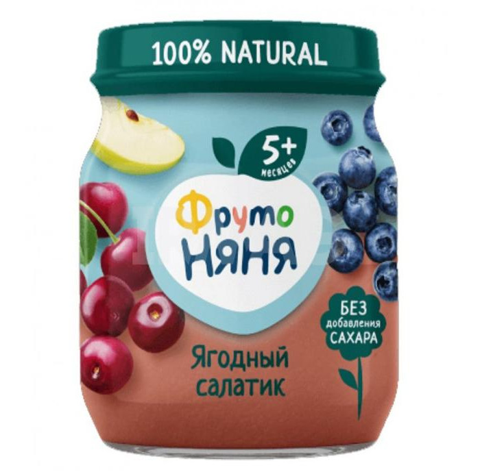 ФрутоНяня Пюре Ягодный салатик с 5 мес., 100 гПюре Ягодный салатик с 5 мес., 100 г ФрутоНяня Пюре Ягодный салатик с 5 мес., 100 гПюре Ягодный салатик с 5 мес., 100 гФрутоНяня Пюре Ягодный салатик 5 мес., 100 г Сочетание различных вкусов в пюре Ягодный салатик позволит не только расширить рацион ребенка, но и обеспечит организм малыша полезными веществами. Органические кислоты, поступающие в организм ребенка вместе с легким яблочным пюре, имеют особое значение для детей первого года жизни. Пектин, содержащийся в яблоках, положительно влияет на деятельность желудочно-кишечного тракта, способствуя процессу пищеварения. В вишне много калия, поэтому она полезна для сердца и прекрасно укрепляет сосуды. В ней содержится много витаминов С, В2 и В6, а также железа и магния, фолиевой кислоты, действующих на организм в качестве профилактического средства против гипертонии, атеросклероза, малокровия и расстройства нервной системы. Аскорбиновая кислота с витамином Р и дубильными веществами снижает артериальное давление и прекрасно повышает иммунитет. Черника укрепляет зрение малыша, регулирует работу желудочно-кишечного тракта, стимулирует обмен веществ, способствует развитию костной и мышечной ткани, повышает иммунитет. Фруктовое пюре рекомендуется добавлять в один из приемов пищи после основного питания. Так же, как и при введении любого другого прикорма, после введения фруктового пюре в рацион необходимо пристально наблюдать за реакцией малыша на прикорм - следить за состоянием кожи и стулом. При появлении сыпи или жидкого стула следует отменить продукт и посоветоваться с врачом. Продукт рекомендован для детей старше 5 месяцев. Сок вводится в рацион ребенка постепенно, начиная с 1 чайной ложки, увеличивая за 5-7 дней до 60-100 г в день. Состав: яблочное пюре пюре из черники пюре из вишни фруктоза вода. Без добавления консервантов, красителей и искусственных добавок. Без добавления крахмала.<br>