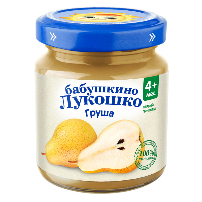 Бабушкино лукошко Пюре Груша с 4 мес., 100 гПюре Груша с 4 мес., 100 г Бабушкино лукошко Пюре Груша с 4 мес., 100 гПюре Груша с 4 мес., 100 гБабушкино лукошко Пюре Груша с 4 мес., 100 г Груша богата органическими кислотами, повышающими выделение пищеварительных соков и активных ферментов, что улучшает аппетит ребенка. Содержит растительную клетчатку и пектин, которые имеют бактерицидные свойства и способствуют росту собственных бифидобактерий в кишечнике. Это обстоятельство особенно важно, если ребенок получал лечение антибиотиками. Продукт рекомендован для детей старше 4 месяцев. Пюре вводится в рацион ребенка постепенно, начиная с 1 чайной ложки, увеличивая за 5-7 дней до 60-100 г в день. Закрытая баночка хранится 18 месяцев при температуре от 2ºC до 25ºC. Открытую банку хранить в холодильнике не более 24 часов. Состав: грушевое пюре. Без добавления консервантов, красителей и искусственных добавок. Без добавления сахара, соли.<br>
