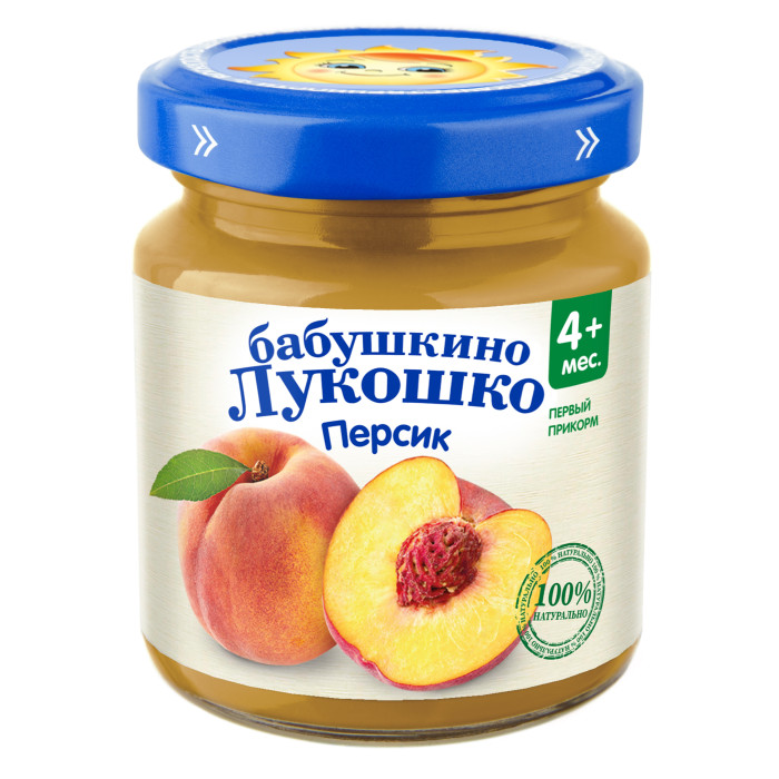 Бабушкино лукошко Пюре Персик с 4 мес., 100 гПюре Персик с 4 мес., 100 г Бабушкино лукошко Пюре Персик с 4 мес., 100 гПюре Персик с 4 мес., 100 гБабушкино лукошко Пюре Персик с 4 мес., 100 г Персик содержит натуральное растительное волокно, а также является источником калия, который необходим для работы сердца, сокращения мышц, деятельности нервной системы. Пюре из персиков богато витаминами (бета-каротин, С, РР, В1), улучшающими обмен веществ и повышающими иммунитет, а высокое содержание магния, селена и цинка снимает нервозность и чувство тревоги. Высокое содержание пищевых волокон мягко регулируют деятельность кишечника, помогая при запорах. Продукт рекомендован для детей старше 4 месяцев. Пюре вводится в рацион ребенка постепенно, начиная с 1 чайной ложки, увеличивая за 5-7 дней до 60-100 г в день. Закрытая баночка хранится 18 месяцев при температуре от 2ºC до 25ºC. Открытую банку хранить в холодильнике не более 24 часов. Состав: персиковое пюре. Без добавления консервантов, красителей и искусственных добавок. Без добавления сахара.<br>