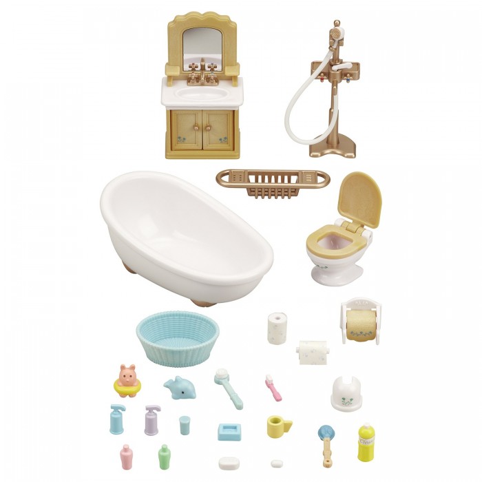 Sylvanian Families Ванная комнатаВанная комната Sylvanian Families Ванная комнатаВанная комнатаВ наборе Sylvanian Families «Ванная комната» имеется все необходимое, для жителей волшебной страны Сильвания. Такой комплект не оставит никого равнодушным. Здесь есть два умывальника, в которых очень удобно умываться и чистить зубы. А по вечерам можно принять ванну с пеной, для этого есть все, что нужно. Также имеется комфортный набор мебели для ванной, в котором все лежит на своем месте. С таким набором не составит труда найти нужную вещь. Все шампуни, гели, пасты и прочие ванные принадлежности смотрятся здесь великолепно. Такой набор понравится всем и добавит огромное удовольствие. В наборе: ванна душ (+подставка), кран унитаз с крышкой держатель для туалетной бумаги со сменными рулонами игрушка для ванны ершик щетка для мытья шампунь и кондиционер мыло с мыльницей зубная щетка, стаканчик, зубная паста контейнеры с моющими средствами стенка с умывальником, держателем для полотенца и полотенцем умывальник с подставкой (зеркало, шкафчик) корзина для белья 2 махровых полотенца и тапочки Внимание: зверюшки в набор не входят. Сказочный мир игровых наборов Sylvanian Families разнообразен - это всевозможные зверюшки, у каждого из которых есть собственный дом, семья, работа. Состав семей в игровых наборах Sylvanian Families не ограничивается стандартным «папа, мама, ребенок», здесь есть даже бабушки и дедушки. Герои игровых наборов Sylvanian Families разнообразны: кролики, еноты, медведи, мыши, ежи, белки и многие другие. Однако разнообразием героев мир игрушек Sylvanian Families не ограничивается. Дома, предметы мебели, игрушечная еда и многие другие аксессуары представлены в ассортименте игрушек Sylvanian Families.<br>