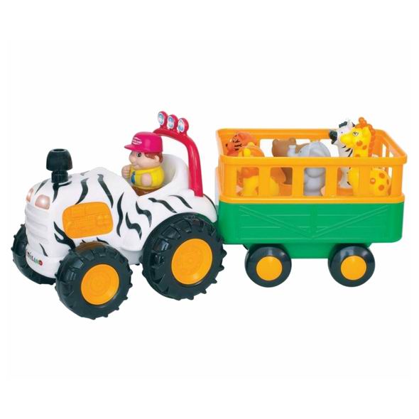 Kiddieland Трактор СафариТрактор Сафари Kiddieland Трактор СафариТрактор СафариТрактор Сафари - яркая музыкальная игрушка на колесах, озвученная на русском языке, развлечет малыша мигающими огоньками, приятной музыкой и забавными звуками. При нажатии на трубу трактор едет вперед, при этом звучат реалистичные звуки мотора, тормозов или веселые стишки. В прицепе трактора находятся 5 фигурок диких животных. Фигурки необходимо правильно расставить по своим местам, тогда при нажатии они издают соответствующие реалистичные звуки, читают стишки, а водитель поет песенку. Фигурки зверей и водителя легко снимаются, и малыш может играть с ними отдельно. Отправляйтесь в веселую и познавательную поездку! Упаковка презентационно-открытая. Питание: 4 батареи АА (входят в комплект). Размер игрушки: 36х13,5х17,5 см.<br>