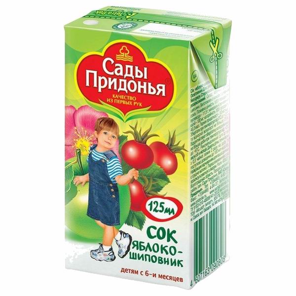 Сады Придонья Сок Яблоко с шиповником с 6 мес., 125 млСок Яблоко с шиповником с 6 мес., 125 мл Сады Придонья Сок Яблоко с шиповником с 6 мес., 125 млСок Яблоко с шиповником с 6 мес., 125 млСок Сады Придонья Яблоко с шиповником. Превосходные витаминные и вкусовые свойства обеспечивает наличие в составе собственного сырья - эталонного яблочного сока из плодов, выращенных в Садах Придонья. А шиповник - абсолютный рекордсмен по количеству витамина С (аскорбиновой кислоты). Этот сок мы особенно рекомендуем детям, склонным к простудным заболеваниям. Сок шиповника и яблока снижает уровень холестерина в крови, выводит излишек холестерина из печени, выводит вредные вещества из организма, способствует нормализации пищеварения, укрепляет иммунную систему, тонизирует и отлично утоляет жажду. Особенности: Не содержит сахара, консервантов, красителей и других искусственных добавок. Гипоаллергенная формула Состав: концентрированный яблочный сок, концентрированный сок шиповника, специально подготовленная вода.<br>