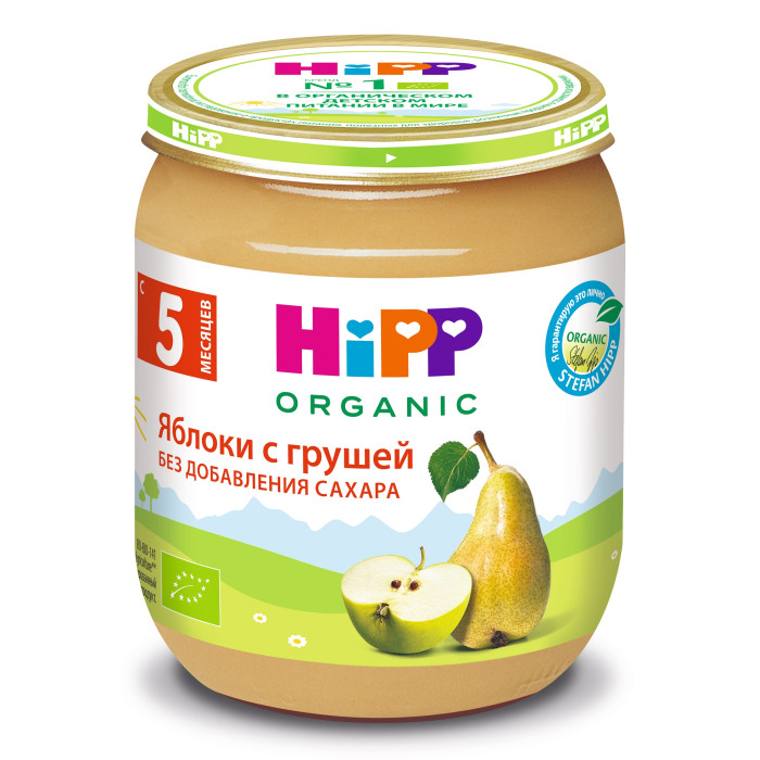 Hipp Пюре Груши с яблоками с 5 мес., 125 гПюре Груши с яблоками с 5 мес., 125 г Hipp Пюре Груши с яблоками с 5 мес., 125 гПюре Груши с яблоками с 5 мес., 125 гПюре Hipp груши с яблоками обогащено витамином С и кальцием. Не содержит сахара. Яблоко по праву считается одним из лучших плодов для ребенка. В нем идеально сочетаются витамины: С, В1, В2, В6, Р, Е, каротин, органические кислоты, микро- и макроэлементы: калий, железо, марганец, кальций, фосфор, йод, натуральный сахар. Употребление яблок является профилактикой анемии, способствует росту зубов у детей. Чтобы витамины и микроэлементы лучше усваивались, полезно комбинировать яблоки с грушами. Наряду с витамином А, В и С в груше содержится множество важных для организма минеральных веществ, таких как цинк, сера, йод, медь, магний, калий и фосфор. По сравнению с яблоком в груше столько же сахара, но гораздо больше углеводов и белка - из-за меньшего процента жира и фруктовых кислот. Все это делает грушу особенно полезной и легкоусваиваемой. Этот фрукт поможет вам при проблемах с пищеварением. Дети, которые регулярно употребляет грушу, реже страдают от запоров и расстройства желудка. Состав: пюре яблочное (органический продукт), сок яблочный восстановленный (органический продукт), пюре грушевое (органический продукт), мука рисовая грубого помола, витамин С Характеристики: рекомендуемый возраст: с 5 месяцев изготовлено из органических компонентов относится к гипоаллергенной программе питания HiPP не содержит генетически модифицированных организмов не содержит красителей, консервантов, искусственных ароматизаторов без сахара слабит стул<br>