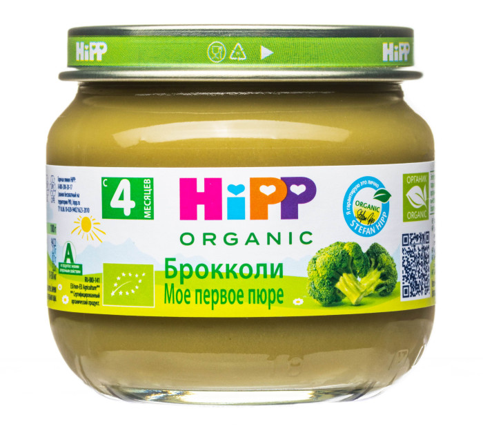 Hipp Пюре Брокколи с 4.5 мес., 80 гПюре Брокколи с 4.5 мес., 80 г Hipp Пюре Брокколи с 4.5 мес., 80 гПюре Брокколи с 4.5 мес., 80 гПюре Hipp Брокколи благодаря процессу деликатной тепловой обработки, температура и время которой выбираются очень аккуратно, HiPP гарантирует максимум безопасности, а также сохранение оптимального соотношения питательных веществ и сбалансированного вкуса овощных пюре. Строго контролируется на отсутствие вредных веществ. HiPP. Мое первое пюре – Вы можете быть уверены, что получаете от природы все самое лучшее. Состав: вода, брокколи (органический продукт), мука рисовая грубого помола Характеристики: рекомендуемый возраст: с 4.5 месяцев изготовлено из органических компонентов не содержит генетически модифицированных организмов не содержит красителей, консервантов, искусственных ароматизаторов без сахара Энергетическая ценность - 32 ккал. Пищевая ценность на 100 г продукта: белок - 1,4 г, углеводы - 5,5 г, жиры - не менее 0,1 г, пищевые волокна - 1,3 г, калий - 108-146 мг.<br>