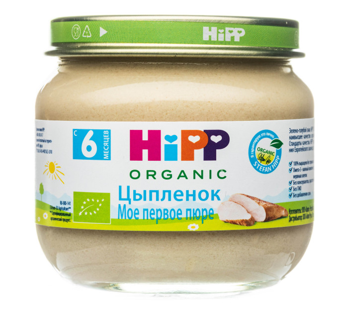 Hipp Пюре Цыпленок с 6 мес., 80 гПюре Цыпленок с 6 мес., 80 г Hipp Пюре Цыпленок с 6 мес., 80 гПюре Цыпленок с 6 мес., 80 гПюре Hipp Цыпленок нежное, приятное на вкус. Без добавления соли. Используется самостоятельно как мясное суфле или вместе с овощным пюре. Для более старших детей используется как мясной паштет для намазывания на хлеб. Мясо курицы богато легкоусвояемыми белками, содержит большое количество витаминов и микроэлементов: В12, В6, В9, железа, фосфора, калия, селена, кальция, магния и меди. Состав: мясо цыпленка (органический продукт)(40%), вода, рис, лук Характеристики: рекомендуемый возраст: с 6 месяцев изготовлено из органических компонентов не содержит генетически модифицированных организмов не содержит красителей, консервантов, искусственных ароматизаторов без сахара Энергетическая ценность - 104 ккал. Пищевая ценность на 100 г продукта: белок - не менее 6,5 г, углеводы - 5,3г, жир не менее 4,9г, пищевые волокна - 0,1 г, линоленовая кислота не менее 0,10г.<br>