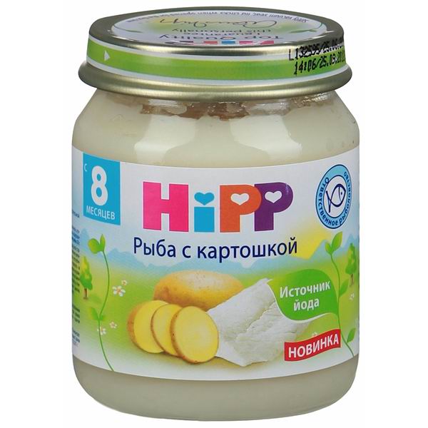 Hipp Пюре Рыба с картошкой с 8 мес., 125 гПюре Рыба с картошкой с 8 мес., 125 г Hipp Пюре Рыба с картошкой с 8 мес., 125 гПюре Рыба с картошкой с 8 мес., 125 гПюре Hipp Рыба с картошкой для детей с 8 месяцев, оптимально подходит для первого знакомства малыша с рыбными блюдами. Появление пюре из рыбы в меню ребенка сделает его рацион еще разнообразнее и питательнее. Значок «Ответственное рыболовство» гарантирует, что входящая в состав рыба выловлена в чистых водах с принципами ответственного рыболовства и бережным отношением к окружающей среде. Для сохранения природных ресурсов рыбной ловли и против чрезмерного промысла в морях. Органический продукт. Для здорового и сбалансированного питания Вашего малыша: без добавления крахмала, без глютена, без молочного белка, без консервантов, красителей и ароматизаторов, без ГМО, щадящий режим производства для лучшего качества и вкуса. Состав: морская рыба 20%, картофель 20%, вода, рис отварной, кукурузное масло, лимонный сок восстановленный, йодированная соль. Содержание рыбы: 25 г Характеристики: рекомендуемый возраст: с 8 месяцев изготовлено из органических компонентов не содержит генетически модифицированных организмов не содержит красителей, консервантов, искусственных ароматизаторов с йодированной солью – необходимый элемент для работы щитовидной железы Пищевая ценность на 100 г продукта: белек - 3,6г, углеводы - 8,4г, жир не менее 1,8г из них насыщенные жирные кислоты 0,3г, мононенасыщенные жирные кислоты 0,5г, полиненасыщенные жирные кислоты 1,0г, пищевые волокна - 0,5г, йод - 29мкг, натрий - 0,11г. Энергетическая ценность на 100 г: 65 ккал.<br>