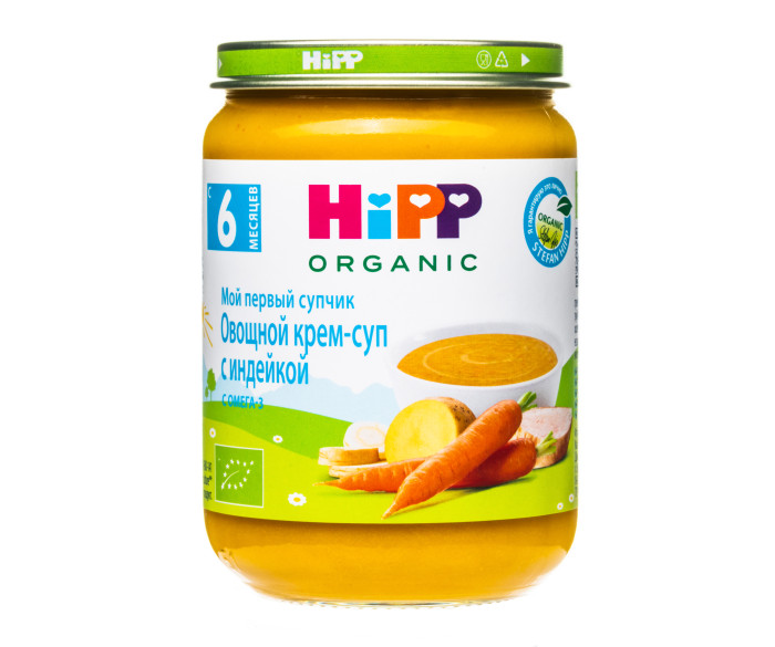 Hipp Овощной крем-суп с индейкой с 6 мес., 190 гОвощной крем-суп с индейкой с 6 мес., 190 г Hipp Овощной крем-суп с индейкой с 6 мес., 190 гОвощной крем-суп с индейкой с 6 мес., 190 гКрем-суп Hipp овощной с индейкой в состав овощного крем-супа с индейкой входит мясо индейки, морковь, картофель, пастернак. Пастернак обогащен эфирными маслами, питательными минеральными солями и витамином В1, который помогает функционировать нервной системе правильно. Мой первый супчик HiPP — это полноценный обед для Вашего малыша. Органический продукт. Для здорового и сбалансированного питания Вашего малыша: без добавления крахмала, без глютена, без молочного белка, без консервантов, красителей и ароматизаторов, без ГМО, щадящий режим производства для лучшего качества и вкуса. Состав: вода, морковь, картофель, мясо индейки, сок яблочный восстановленный, мука рисовая грубого помола, пастернак, масло рапсовое Характеристики: рекомендуемый возраст: с 6 месяцев изготовлено из органических компонентов не содержит генетически модифицированных организмов не содержит красителей, консервантов, искусственных ароматизаторов содержит Омега 3 — важный компонент гармоничного роста и развития без соли Пищевая ценность на 100г: белки, не менее - 2,0г, углеводы - 5,9г, жир не менее - 1,8г, полиненасыщенные жирные кислоты, не менее - 0,5г, линоленовая кислота (Омега-3), не менее 0,08г, пищевые волокна - 1,3г, поваренная соль -0,0г. Энергетическая ценность: 55 ккал.<br>