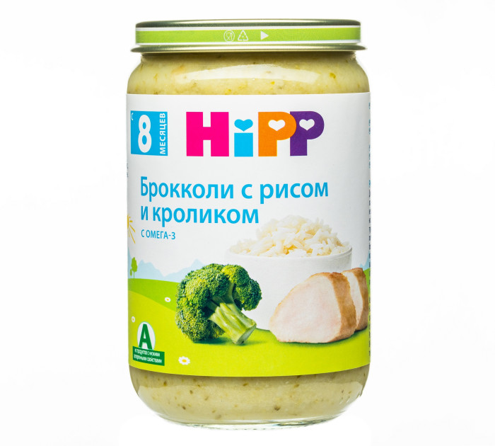 Hipp Пюре Брокколи с рисом и кроликом с 8 мес., 220 гПюре Брокколи с рисом и кроликом с 8 мес., 220 г Hipp Пюре Брокколи с рисом и кроликом с 8 мес., 220 гПюре Брокколи с рисом и кроликом с 8 мес., 220 гHipp Брокколи с рисом и кроликом сбалансированное питание, которое учит жевать и помогает ребёнку постепенно привыкнуть к более твёрдой пище. Строго контролируется на содержание вредных веществ. Органический продукт. Для здорового и сбалансированного питания Вашего малыша: без добавления крахмала, без глютена, без молочного белка, без консервантов, красителей и ароматизаторов, без ГМО, щадящий режим производства для лучшего качества и вкуса. Состав: вода, брокколи, рис отварной, мясо кролика, растительное масло, рисовый крахмал, йодированная поваренная соль. Содержание мяса: 18,7 г Характеристики: рекомендуемый возраст: с 8 месяцев изготовлено из органических компонентов не содержит генетически модифицированных организмов не содержит красителей, консервантов, искусственных ароматизаторов с добавлением йодированной соли — для лучшего обеспечения организма йодом Пищевая ценность на 100 г продукта: белок - 2,9 г, углеводы - 7 г из них сахар из плодов - 0,5 г, жиры - 2,9 г из них насыщенные жирные кислоты - 0,4 г, пищевые волокна - 0,7 г, натрий - 0,12 г, йод - 9 мкг, поваренная соль - 0,3 г. Энергетическая ценность - 66 ккал.<br>