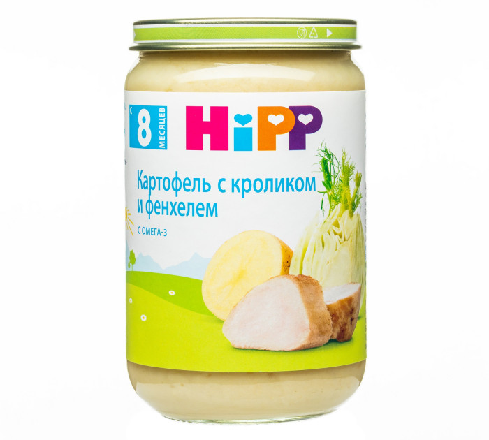 Hipp Пюре Картофель с кроликом и фенхелем с 8 мес., 220 гПюре Картофель с кроликом и фенхелем с 8 мес., 220 г Hipp Пюре Картофель с кроликом и фенхелем с 8 мес., 220 гПюре Картофель с кроликом и фенхелем с 8 мес., 220 гHipp Картофель с кроликом и фенхелем сбалансированное питание, которое учит жевать и помогает ребёнку постепенно привыкнуть к более твёрдой пище. Строго контролируется на содержание вредных веществ. Органический продукт. Для здорового и сбалансированного питания Вашего малыша: без добавления крахмала, без глютена, без молочного белка, без консервантов, красителей и ароматизаторов, без ГМО, щадящий режим производства для лучшего качества и вкуса. Состав: вода, картофель, мясо кролика, фенхель, лук, картофельные хлопья, растительное масло, йодированная поваренная соль. Содержание мяса: 16,2 г Характеристики: рекомендуемый возраст: с 8 месяцев изготовлено из органических компонентов не содержит генетически модифицированных организмов не содержит красителей, консервантов, искусственных ароматизаторов с добавлением йодированной соли — для лучшего обеспечения организма йодом Пищевая ценность в 100г продукта: белок не менее 2,1г, углеводы 6,7г, жир не менее 2,0г, линоленовая кислота (Омега-3) не менее 0,14г, пищевые волокна0,9г, поваренная соль 0,26г, йод 6 мкг. Энергетическая ценность: 131 ккал.<br>
