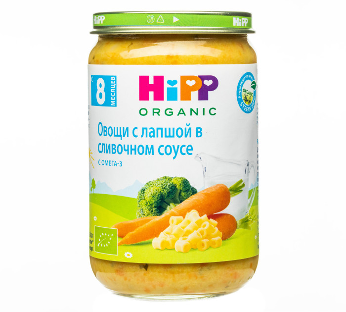 Hipp Пюре Брокколи с лапшой в сливочном соусе с 8 мес., 220 гПюре Брокколи с лапшой в сливочном соусе с 8 мес., 220 г Hipp Пюре Брокколи с лапшой в сливочном соусе с 8 мес., 220 гПюре Брокколи с лапшой в сливочном соусе с 8 мес., 220 гHipp Брокколи с лапшой в сливочном соусе овощное пюре для грудных детей — это готовое сбалансированное питание. Содержит минеральные вещества и микроэлементы, а также пищевые волокна, которые являются природными регуляторами пищеварения. Органический продукт. Для здорового и сбалансированного питания Вашего малыша: без добавления крахмала, без глютена, без молочного белка, без консервантов, красителей и ароматизаторов, без ГМО, щадящий режим производства для лучшего качества и вкуса. Состав: обезжиренное молоко, отварная пшеничная лапша 24,7 %, морковь, вода, рис отварной, брокколи 5%, сливки 4 %, лук, растительное масло, лимонный сок, йодированная поваренная соль. Характеристики: рекомендуемый возраст: с 8 месяцев изготовлено из органических компонентов не содержит генетически модифицированных организмов не содержит красителей, консервантов, искусственных ароматизаторов с добавлением йодированной соли — для лучшего обеспечения организма йодом Пищевая ценность на 100г продукта: белок - 2,8г, углеводы - 7,6г, жиры - 2,5г, полиненасыщенные жирные кислоты - 0,7г, линоленовая кислота (Омега-3) - 0,10г, пищевые волокна - 1,3г, поваренная соль - 0,33г, Йод - 6мкг. Энергетическая ценность: 72ккал.<br>