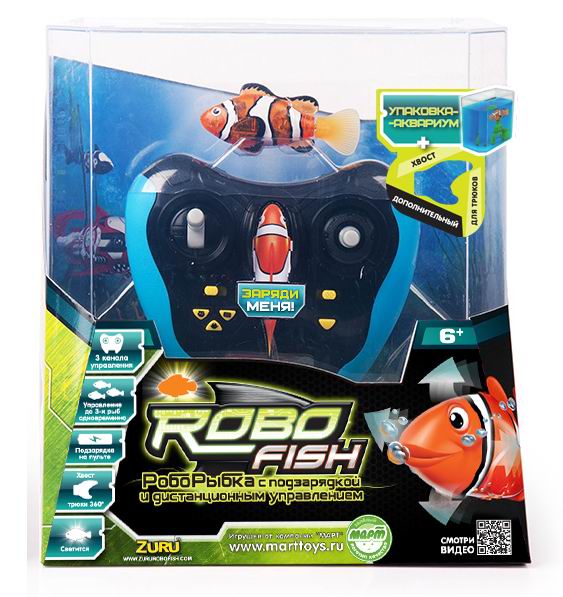 Интерактивная игрушка Robofish РобоРыбка радиоуправляемаяРобоРыбка радиоуправляемая Интерактивная игрушка Robofish РобоРыбка радиоуправляемаяРобоРыбка радиоуправляемаяРадиоуправляемая светодиодная РобоРыбка Robofish может как самостоятельно двигаться под водой как настоящая рыбка, так и управляться с пульта управления. При движении роборыбка мигает встроенным в неё светодиодом, что особенно эффектно смотрится в затемнённом помещении. Частота мигания светодиода зависит от скорости движения роборыбки. У роборыбки Robofish можно менять хвост. В набор входит дополнительный хвост для трюков, после установки которого Роборыбка станет двигаться более активно, кувыркаться и нырять. Роборыбка Robofish работает от встроенных аккумуляторных батарей, которые заряжаются от пульта управления. Пульт радиоуправления роборыбкой имеет три радиоканала связи с рыбкой, что позволит одновременно управлять трями рыбками Robofish, одновременно запуская их на водные просторы. Под управлением пульта РобоРыбки смогут двигаться в пяти направлениях - вперёд, вправо, влево, вверх и вниз. Дополнительно, с пульта управления можно переключать скорость движения роборыбки (3 варианта скорости). Время зарядки роборыбки - 15 минут. Пульт управления имеет 2 режима работы - автоматический и ручной. В автоматическом режиме доступны три варианта игры - Бассейн, Аквариум, Кошка. Описание автоматических режимов: Бассейн. Роборыбка плавает по большому кругу. Режим подходит для игры в бассейнах и ванне. Аквариум. Рыбка робот плавает по маленькому кругу. Подходит для игры в аквариумах и других небольших ёмкостях с водой. Кошка. Роборыбка двигается, как будто спасается от кошки, которая пытается поймать её своей лапой. Состав набора: Роборыбка RoboFish светодиодная радиоуправляемая Пульт управления Акробатический хвост - 1 шт. Аквариум - 1 шт. Объем аквариума 3 л Размер рыбки 8 x 1.8 x 3.8 см<br>