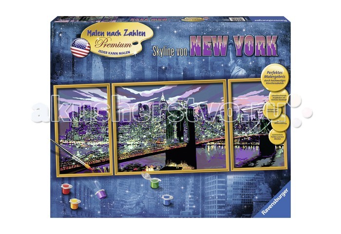 Раскраска Ravensburger по номерам Небоскребы Нью-Йоркапо номерам Небоскребы Нью-Йорка Раскраска Ravensburger по номерам Небоскребы Нью-Йоркапо номерам Небоскребы Нью-ЙоркаИспользуя раскраски по номерам, каждый желающий может почувствовать себя настоящим художником. Это является также прекрасным, удобным и практичным методом для самообучения. Каждый хороший художник умеет «чувствовать» цвет, правильно соединять краски для того, чтоб получить нужный оттенок. Начинающие не так хорошо разбираются в подобных тонкостях, поэтому раскраска по номерам на холсте дает шикарные возможности для обучения и получения важного опыта. Набор для раскраски включает в себя всё самое необходимое: холст требуемой величины с готовым контуром, акриловые краски нужных оттенков, кисточку и контрольный лист. Контур рисунка уже заранее помечен, какой элемент необходимо раскрасить и каким именно цветом. Поэтому владельцу подобной раскраски не придется требовать от себя невозможного. Контрольный лист позволит получить в итоге именно такой рисунок, который был задуман автором. В набор входят: фактурная картонная основа с пронумерованными контурами акриловые краски кисть контрольный лист подставка для красок в форме палитры рамка Размер готовой работы: 40 х 100 см.<br>