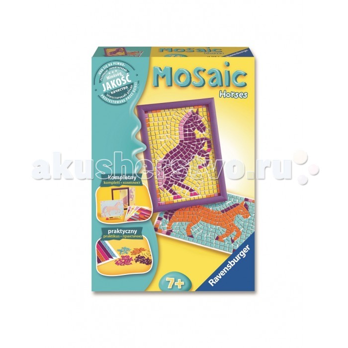 Ravensburger Мозаика ЛошадиМозаика Лошади Ravensburger Мозаика ЛошадиМозаика ЛошадиМозаика Лошади – это увлекательная развивающая игрушка для детей в возрасте от 7 лет. Мальчикам и девочкам очень понравится с помощью различных геометрических форм, вырезанных из бумаги, создавать своими руками мини-картинки. Детали мозаики не потеряются, так как они клеятся на шаблон. Собранную мозаику с изображением лошади можно вставить в рамочку и повесить на стену. В комплекте: несколько различных форм мозаики четыре таблицы с разноцветными деталями мозаики из бумаги два шаблона рамка тюбик клея<br>