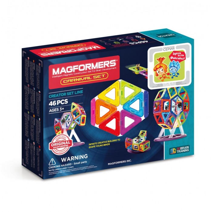 Конструктор Magformers Магнитный Carnival Set 63074Магнитный Carnival Set 63074 Конструктор Magformers Магнитный Carnival Set 63074Магнитный Carnival Set 63074Магнитный конструктор Magformers Carnival Set 63074 оправдывает свое название: он яркий, красочный, фееричный. Набор позволяет собирать разнообразные карусели, качели, космические корабли, животных. В состав набора входит специальная подставка для создания «Колеса обозрения». Наличие в этом конструкторе квадратиков со встроенными закрепленными фигурками мальчика и девочки и подставка для сооружения каруселей дает игре элемент интерактивности, познание сбалансированности, а сильные магнитики в панельках делают конструкции очень крепкими. Магнитный конструктор Magformers относится к категории лучших развивающих игрушек для малышей и детей постарше. Это необыкновенный конструктор, который ценится своим многообразием и качеством материала. Детали магнитного конструктора Magformers сделаны из высококачественного пластика, который является абсолютно безопасным даже для самых маленьких строителей. С каждой стороны фигуры магнитного конструктора Magformers внутри есть специальный магнит, благодаря которому детали конструктора могут соединяться между собой. Держатся детали довольно крепко, созданную конструкцию можно поднять за верхушку. Magformers — лучшая трехмерная игрушка для развития воображения, пространственного мышления и общих мыслительных способностей. Дети могут превращать плоские предметы в объёмные, изучать принципы магнетизма. Все детали этого набора совместимы с другими наборами Magformers, что позволяет делать очень интересные комбинации. Конструктор Magformers Carnival Set содержит 46 элементов: - треугольник: 12 шт. - квадрат: 22 шт. - шестиугольник: 2 шт. - мальчик: 1 шт. - девочка: 1 шт. - Y-крепление карусели: 2 шт. - база карусели: 1 шт. - перекладина карусели: 1 шт. - фиксатор: 2 шт. - шестиугольное крепление карусели: 2 шт. Материал: высококачественный пластик, магнит Размеры упаковки: 34 см x 25 см x 8 см Упаковка: цветная коробка.<br>