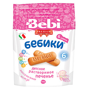 Bebi Детское растворимое печенье Premium Бебики «6 злаков»Детское растворимое печенье Premium Бебики «6 злаков» Bebi Детское растворимое печенье Premium Бебики «6 злаков»Детское растворимое печенье Premium Бебики «6 злаков»Детское растворимое печенье Бебики «6 злаков» Печенье – это важная злаковая часть рациона малыша. Детское печенье – это: Легкие в усвоении белок, витамины и минералы; Высокая калорийность, что дает длительное чувство сытости; Пищевые волокна для оптимальной работы кишечника; Самостоятельное употребление печенья малышом помогает развивать координацию движений головы, рук, глаз, а консистенция продукта способствует формированию жевательных навыков. Каждый вид зерна (пшеница, овес, кукуруза, рожь, ячмень, рис), входящий в состав печенья Бебики «6 злаков», обладает рядом полезных свойств, а все вместе они дают детскому организму максимум пользы. Печенье обогащено витаминами группы B и минералами (кальций, железо, цинк). Всего 2-3 штуки печенья в день – это 10-20% от суточной потребности в этих полезных веществах. Рекомендован для детского питания с 6 месяцев. Состав: Пшеничная мука 59,27%, сахар 17,68%, растительное масло (пальмовое), обезжиренное сухое молоко 4,16%, разрыхлители, мука овсяная, кукурузная мука, ржаная мука, ячменная мука, рисовая мука, минералы (карбонат кальция, лактат железа, сульфат цинка), сироп фруктозы, йодированная соль, ванилин, витамины (витамин В1 тиамина мононитрат, рибофлавин, никотинамид, кальция пантотенат, пиридоксина гидрохлорид). Масса нетто: 125г<br>