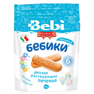 Bebi Детское растворимое печенье Premium Бебики Классическое с 6 мес.Детское растворимое печенье Premium Бебики Классическое с 6 мес. Bebi Детское растворимое печенье Premium Бебики Классическое с 6 мес.Детское растворимое печенье Premium Бебики Классическое с 6 мес.Детское растворимое печенье Бебики Классическое с 6 мес. Печенье – это важная злаковая часть рациона малыша. Детское печенье – это: Легкие в усвоении белок, витамины и минералы; Высокая калорийность, что дает длительное чувство сытости; Пищевые волокна для оптимальной работы кишечника; Самостоятельное употребление печенья малышом помогает развивать координацию движений головы, рук, глаз, а консистенция продукта способствует формированию жевательных навыков. Классическое печенье Бебики из пшеничной муки поможет маме не тратить время на приготовление этого продукта, уделяя больше внимания малышу. Печенье обогащено витаминами группы B и минералами (кальций, железо, цинк). Всего 2-3 штуки печенья в день – это 10-20% от суточной потребности в этих полезных веществах. Рекомендован для детского питания с 6 месяцев. Состав: Пшеничная мука 68,22%, сахар 16,37%, растительное масло, разрыхлители, минералы (фосфат кальция, лактат кальция, лактат железа, сульфат цинка), сироп глюкозы, солод, сухое обезжиренное молоко, йодированная соль, эмульгатор - лецитин, витамины (витамин В1 тиамина мононитрат, рибофлавин, никотинамид, кальция пантотенат, пиридоксина гидрохлорид), натуральный ароматизатор ванилин. Масса нетто: 125г<br>