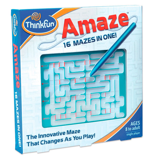Thinkfun Игра-головоломка Лабиринт AmazeИгра-головоломка Лабиринт Amaze Thinkfun Игра-головоломка Лабиринт AmazeИгра-головоломка Лабиринт AmazeThinkfun Игра-головоломка Лабиринт Amaze очень компактная и отлично подойдёт для того, чтобы скоротать время в дороге. Правила игры: Все действия по прохождению лабиринта производятся при помощи стилуса С одной стороны планшета нарисован лабиринт, с другой сторону планшета указаны 16 заданий Уровень сложности увеличивается от задания к заданию В каждом задании указывается положение 4-х переключателей, находящихся с левой стороны лабиринта Игрок при помощи стилуса переставляет переключатели в необходимое положение, тем самым задавая начальное положение стенок лабиринта Выставив задание на планшете, игрок устанавливает стилус на поле старта и начинает путешествие по лабиринту Достигнув стенки, которую можно передвинуть, при необходимости, игрок может поменять положение стенки, сдвинув её на новое место, стараясь тем самым приблизиться к финишу Так, для прохождения последнего 16 варианта лабиринта, потребуется передвинуть 13 стенок В комплекте: Правила игры Планшет лабиринта Стилус<br>