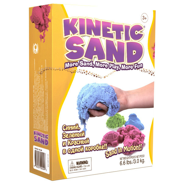 Waba Fun Песок Kinetic Sand цветнойПесок Kinetic Sand цветной Waba Fun Песок Kinetic Sand цветнойПесок Kinetic Sand цветнойВ набор цветного Kinetic Sand входят три пакета песка по 1 кг: красного, синего и зелёного цветов. Вы сможете начать изучение основных цветов со своим малышом — обучение в игре приносит радость как детям, так и родителям! Небольшая перемена в цветовой гамме, а старые постройки смотрятся совсем иначе: замки обрели разноцветную «подсветку», рыбки стали пёстрыми, как в настоящем море, а песочные цветочки радуют глаз как на летней лужайке. Цветной кинетический песок является просто незаменимым подарком всем фантазёрам-строителям и любителям креативного творчества, мечтающим разукрасить свои шедевры, потому что такого песка Вы не найдёте ни в песочнице во дворе, ни на берегу водоёма! Kinetic Sand™, или живой кинетический песок — это уникальный материал для детского творчества. На первый взгляд он напоминает влажный морской песок, но как только берёшь его в руки — проявляются его необычные свойства. Он течет сквозь пальцы и в тоже время остается сухим. Он рыхлый, но из него можно строить разнообразные фигуры. Он приятен на ощупь, не оставляет следов на руках и может использоваться как расслабляющее и терапевтическое средство. Для игры с кинетическим песком не требуются инструкции и руководства. С ним интересно играть как одному ребенку, так и нескольким одновременно. Живой кинетический песок развивает мелкую моторику, чувственное восприятие и креативность. Также он прекрасно снимает стресс и обладает терапевтическим эффектом. Kinetic Sand представляет собой смесь чистейшего кварцевого песка (98%) и специального связующего агента (2%). Кинетический песок абсолютно нетоксичен и не вызывает аллергии. Бактерии в нем не живут, поэтому он безопасен для детей с трех лет. Важным преимуществом является и то, что живой кинетический песок не сохнет, легко собирается с поверхности, и поэтому играть с ним можно снова и снова!<br>