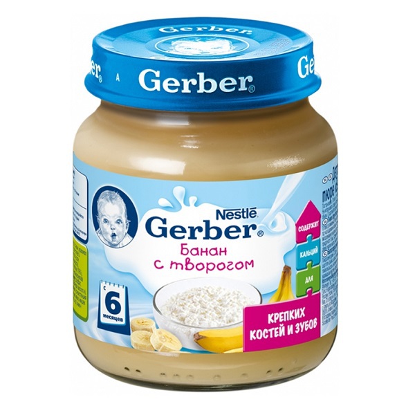 Gerber Пюре Банан с Творогом с 6 мес., 125 гПюре Банан с Творогом с 6 мес., 125 г Gerber Пюре Банан с Творогом с 6 мес., 125 гПюре Банан с Творогом с 6 мес., 125 гПюре «Gerber» Банан с Творогом предназначено для питания детей в возрасте от 6 месяцев. Нежный десерт Gerber® Банан с творогом для детей с 6 месяцев, приготовлен из спелого банана и творога. Не содержит генетически модифицированных ингредиентов, искусственных консервантов, красителей и ароматизаторов. Обогащены кальцием для формирования здоровых костей. Бананы имеют богатый витаминный состав: витамины Е, С, В6, кальций, калий, железо и фосфор. Пюре содержит не менее четверти рекомендованной ежедневной дозы витамина В6. Творог содержит большое количество кальция, фосфора, железа и магния. Творог в небольшом объеме пищи дает малышу достаточное количество белка. Пюре с добавление творога и фруктов полезно для детей со сниженной массой тела, плохим аппетитом и отстающим в росте. Пюре не содержит красителей, консервантов, ароматизаторов, генетически модифицированных компонентов. Состав: Вода, пюре из бананов, пюре из яблок, творог, сливки, крахмал (3% для консистенции), фруктоза, рапсовое масло, загуститель (фруктовый пектин), кальций фосфат, регуляторы кислотности (лимонная кислота, молочная кислота, аскорбиновая кислота) Пищевая ценность на 100 г: Углеводы - 13.5 г Белки - 1.4 г Жиры - 3.2 г Энергетическая ценность - 90 ккал/380 кДж Срок хранения: 2 года Хранить при температуре от 0 до 25°С После вскрытия банку хранить в холодильнике не более суток. Идеальной пищей для грудного ребенка является молоко матери. Продолжайте грудное вскармливание как можно дольше после введения прикорма. Необходима консультация специалиста.<br>