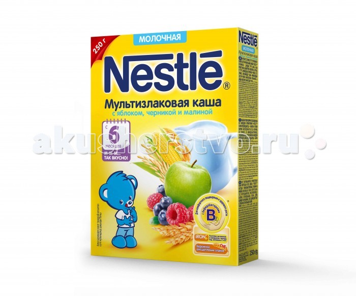 Nestle Молочная Мультизлаковая каша с яблоком, черникой и малиной с 6 мес. 250 гМолочная Мультизлаковая каша с яблоком, черникой и малиной с 6 мес. 250 г Nestle Молочная Мультизлаковая каша с яблоком, черникой и малиной с 6 мес. 250 гМолочная Мультизлаковая каша с яблоком, черникой и малиной с 6 мес. 250 гКаша Nestle мультизлаковая с яблоком, черникой и малиной включает в себя пять злаков, которые являются богатейшим источником энергии для организма. Пшеничная крупа благотворно влияет на нервную систему и способствует поддержанию иммунитета. Овсяная крупа оказывает обволакивающее и противовоспалительное действие на слизистую желудка, повышает сопротивляемость организма к различным инфекциям. В рисовых зернах содержится рекордное количество сложных углеводов, дающих приток энергии на длительное время. Кукурузная крупа способствует поднятию и укреплению иммунитета, предотвращает в кишечнике процессы брожения. Гречневая крупа богата клетчаткой и растительным белком, стимулирует кроветворение. Злаки, входящие в состав кашки, содержат витамины: В1, B2, B6, А, Е, С, D, фолиевую кислоту, пантотеновую кислоту, ниацин, макро- и микроэлементы (натрий, калий, кальций, фосфор, йод, железо, цинк). Каша Nestle мультизлаковая с яблоком, черникой и малиной - это польза натуральных злаков, фруктов и ягод! Каша обогащена живыми бифидобактериями BL, которые подобны бактериям в кишечнике детей, получающих исключительно грудное вскармливание. Бифидобактерии обеспечивают поддержание здоровой микрофлоры кишечника. Бифидобактерии в сочетании с витаминами и микроэлементами, входящими в состав каши, обеспечивают полноценный рост и развитие малыша, а также укрепляют его иммунитет. Особенности: Содержит 10 витаминов и 7 минеральных веществ. Изготовлена с использованием обезжиренного сухого молока. Содержит бифидобактерии, способствующие укреплению иммунитета и нормализации пищеварения. Не содержит красителей, консервантов, ароматизаторов, ГМО. Легко усваивается. Состав: крупа пшеничная (измельченная), молоко сухое обезжиренное, растительное масло, мука гречневая, мука овсяная, хлопья яблока, мука рисовая, мука кукурузная, хлопья малины, хлопья черники, витамины и минеральные вещества, бифидобактерии не менее 1х10⁶ КОЕ/г., Содержит 10 витаминов и 7 минеральных веществ. Изготовлено с использованием обезжиренного сухого молока. Продукт содержит глютен и молоко, в том числе лактозу. Идеальной пищей для грудного ребенка является молоко матери. Продолжайте грудное вскармливание как можно дольше после введения прикорма. Необходима консультация специалиста.<br>