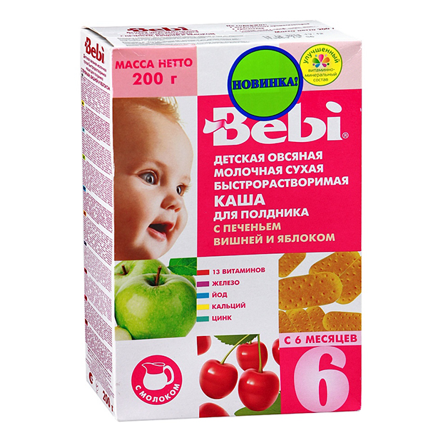 Bebi Молочная Овсяная каша с печеньем вишней и яблоком 200 гМолочная Овсяная каша с печеньем вишней и яблоком 200 г Bebi Молочная Овсяная каша с печеньем вишней и яблоком 200 гМолочная Овсяная каша с печеньем вишней и яблоком 200 гКаша Bebi для полдника молочная овсяная быстрорастворимая С печеньем вишней и яблоком для детей с 6-ти месяцев 200г. Полдник - очень важный прием пищи, он позволяет восполнить энергетические траты организма, снять утомление и психоэмоциональное напряжение во второй половине дня. Полноценный полдник должен включать все три основные макронутриента: белки, жиры, углеводы. В продуктовом выражении это: зерновые блюда, молоко и фрукты. Состав: овсяная крупа 42%, сухое молоко 31%, измельченное печенье 10%(пшеничная мука, сахароза, сливочное масло, декстроза, растительные масла, сухое молоко), сахароза, концентрированный яблочный сок 5%, пюре из вишни 4% (сахароза, пюре из вишни, пектин), витамины (ретинил ацетат, холекальциферол, токоферол ацетат, тиамина гидрохлорид, рибофлавин, пиридоксин гидрохлорид, аскорбиновая кислота, D-пантотенат кальция, фолиевая кислота, никотинамид, фитоменадион, цианокобаламин, D-биотин) и минеральных веществ (железа дифосфат, калия йодид, цинка сульфат, карбонат кальция). Продукт может содержать следы сои. Пищевая ценность на 100г сухого продукта: белки - 13,7г, жиры - 11,5г, углеводы - 65,8г. Энергетическая ценность 430ккал. Способ приготовления: к 150мл кипяченой воды, охлажденного до 50-60С добавить 30г (3-4 столовых ложек) хлопьев. Перемешать, и продукт готов к употреблению. Для кормлений используйте только свежеприготовленный продукт. После каждого использования тщательно закрывайте пакет. Хранить в сухом месте при комнатной температуре.<br>