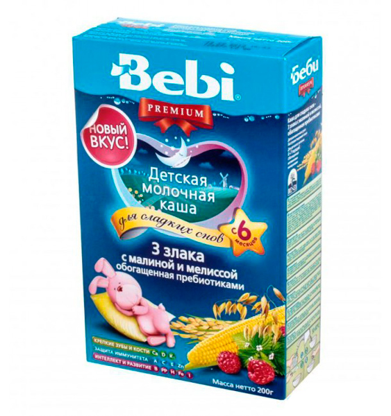 Bebi Молочная каша Premium Для сладких снов 3 злака с малиной и мелиссой с 6 мес. 200 гМолочная каша Premium Для сладких снов 3 злака с малиной и мелиссой с 6 мес. 200 г Bebi Молочная каша Premium Для сладких снов 3 злака с малиной и мелиссой с 6 мес. 200 гМолочная каша Premium Для сладких снов 3 злака с малиной и мелиссой с 6 мес. 200 гBebi Молочная каша Premium Для сладких снов 3 злака с малиной и мелиссой содержит 3 питательных злака (овес, рис, кукурузу), которые помогают сохранить чувство сытости более долгое время и способствуют крепкому сну малыша всю ночь. Мелисса, входящая в состав каши, благодаря легкому успокаивающему эффекту, способствует легкому засыпанию крохи. Вкусное сочетание ягод и лекарственных трав отлично дополнит меню малыша. Особенности: обладает великолепным вкусом обогащена комплексом пребиотиков Beneo Prebiotic, который помогает максимально улучшить пищеварение cодержит 13 витаминов и 4 минерала Состав: сухое молоко 33%, овсяная крупа 29%, рисовая мука 15%, сахар, пюре малины 6% (сахар, мякоть малины, крахмал, пектин), кукурузная мука 4%, олигофруктоза, обогащенная 3% инулина, витамины (ретинола ацетат, холекальциферол, токоферола ацетат, тиамин гидрохлорид, рибофлавин, пиридоксин гидрохлорид, аскорбиновая кислота, D-пантотенат кальций, фолиевая кислота, никотинамид, фитоменадион, цианокобаламин, D-биотин) и минеральные вещества (железа дифосфат, калия йодид, цинка сульфат, карбонат кальция), экстракт мелиссы 0,2%.<br>