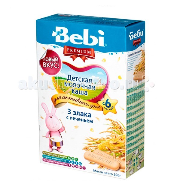 Bebi Молочная каша Premium 3 злака с печеньем с 6 мес. 200 гМолочная каша Premium 3 злака с печеньем с 6 мес. 200 г Bebi Молочная каша Premium 3 злака с печеньем с 6 мес. 200 гМолочная каша Premium 3 злака с печеньем с 6 мес. 200 гBebi Молочная каша Premium 3 злака с печеньем - не только вкусная, но и удивительно полезная каша, состоящая из трех злаков (овес ,рис, кукуруза). Особенности: В рисе содержится самое большое количество углеводов. Благодаря низкому количеству клетчатки он легко переваривается и усваивается организмом. Кукуруза содержит самое большое количество витамина А из всех злаковых. Так же в ее состав входят микроэлементы (кремний, железо, фосфор, магний, цинк) и полиненасыщенные жирные кислоты класса омега-3. Овес способен выводить токсины из организма и снижать уровень холестерина, содержит растительные жиры с высоким процентом ненасыщенных жирных кислот, которые необходимы для правильного функционирования иммунной системы малыша. Специальное детское растворимое печенье, входящее в состав каши, придает ей неповторимый и полноценный вкус. Состав: сухое молоко 30%, овсяная крупа 26%, рисовая мука 14%, размельченное печенье 12% (пшеничная мука, сахароза, сливочное масло, декстроза, растительное масло (соевое), сухое молоко), сахароза, кукурузная мука 6%, витамины (ретинил ацетат, холекальциферол, токоферол ацетат, тиамин гидрохлорид, рибофлавин, пиридоксин гидрохлорид, аскорбиновая кислота, D-пантотенат кальция-, фолиевая кислота, никотинамид, фитоменадион, цианокобаламин, D-биотин) и минеральные веществ (железа дифосфат, калия йодид, цинка сульфат, карбонат кальция). Продукт может содержать следы сои<br>