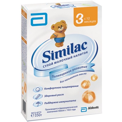 Similac Молочная смесь 3 с 12 мес. 350 гМолочная смесь 3 с 12 мес. 350 г Similac Молочная смесь 3 с 12 мес. 350 гМолочная смесь 3 с 12 мес. 350 гSimilac Молочная смесь 3 без пальмового предназначена для вскармливания детей от 12 месяцев. Содержит питательные вещества, подобные содержащимся в грудном молоке. Смесь разработана специально для здорового роста и пищеварения, улучшает иммунитет, а также способствует развитию головного мозга и зрения. Смесь Similac 3 – хороший выбор для мам при отсутствии грудного молока, так как она способствует поддержанию иммунитета, комфортному пищеварению, полноценному росту и развитию малыша. Особенности: Уникальная смесь растительных жиров без пальмового масла Витамины, кальций и другие минеральные вещества Комфортного пищеварения Пребиотики (галактоолигосахариды) Уникальная смесь растительных жиров без пальмового масла Развития иммунитета Пребиотики (галактоолигосахариды) Нуклеотиды Развития головного мозга и зрения Комплекс жирных кислот Омега 3 Омега 6, в том числе арахидоновая (АК) и докозагексаеновая (ДГК) Таурин, холин, цинк и железо. Состав: лактоза, растительные масла (высокоолеиновое подсолнечное масло, соевое масло, кокосовое масло), обезжиренное сухое молоко, концентрат сывороточного белка, галактоолигосахариды (ГОС), минералы (кальция карбонат, натрия хлорид, кальция фосфат, калия цитрат, натрия фосфат, магния хлорид, железа сульфат, калия хлорид, цинка сульфат, меди сульфат, марганца сульфат, калия йодид, натрия селенат), гидролизат сывороточного белка, витамины (аскорбиновая кислота, холина хлорид, аскорбилпальмитат, ниацинамид, кальция d-пантотенат, d-альфа токоферола ацетат, витамина А пальмитат, тиамина гидрохлорид, рибофлавин, пиридоксина гидрохлорид, фолиевая кислота, витамин К1 (филлохинон), d-биотин, витамин D3 (холекальциферол), витамин В12), регулятор кислотности калия гидроксид (Е525), эмульгатор соевый летицин (Е322), арахидоновая кислота (АА) из масла M.alpina, докозагексаеновая кислота (DHA) из масла C.cohnii, L-триптофан, таурин, нуклеотиды (цитидин-5-монофосфат, динатрия уридин 5-монофосфат, аденозин-5-монофосфат, динатрия гуанозин-5-монофосфат), m-инозитол, антиокислитель смесь токоферолов (Е306). Может содержать натрия аскорбат. Необходима консультация специалистов. Молочная смесь предназначена для питания детей с 3 месяцев.<br>